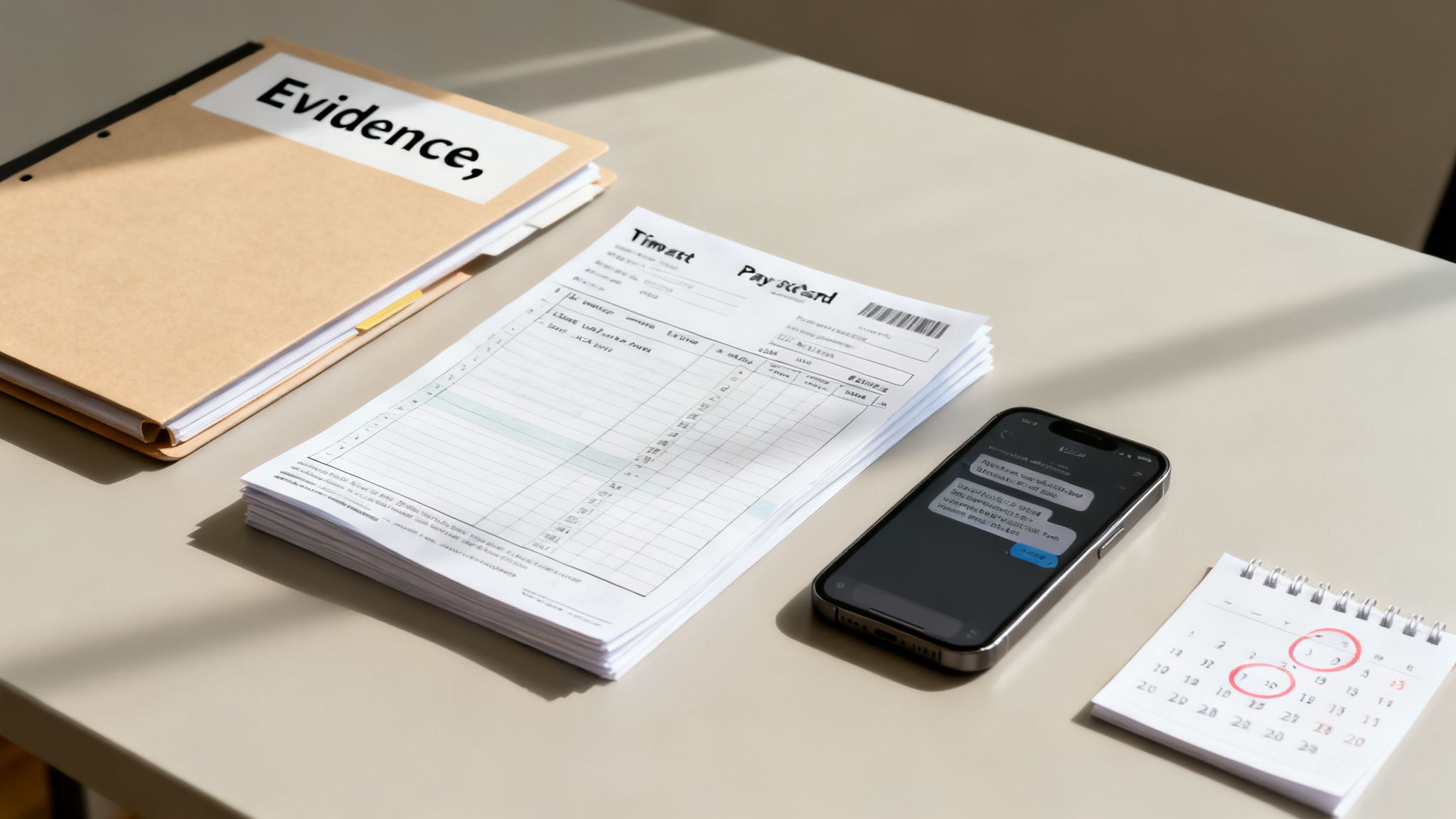 A work desk with a folder labeled 'Evidence', timesheet papers, a smartphone, and a calendar.