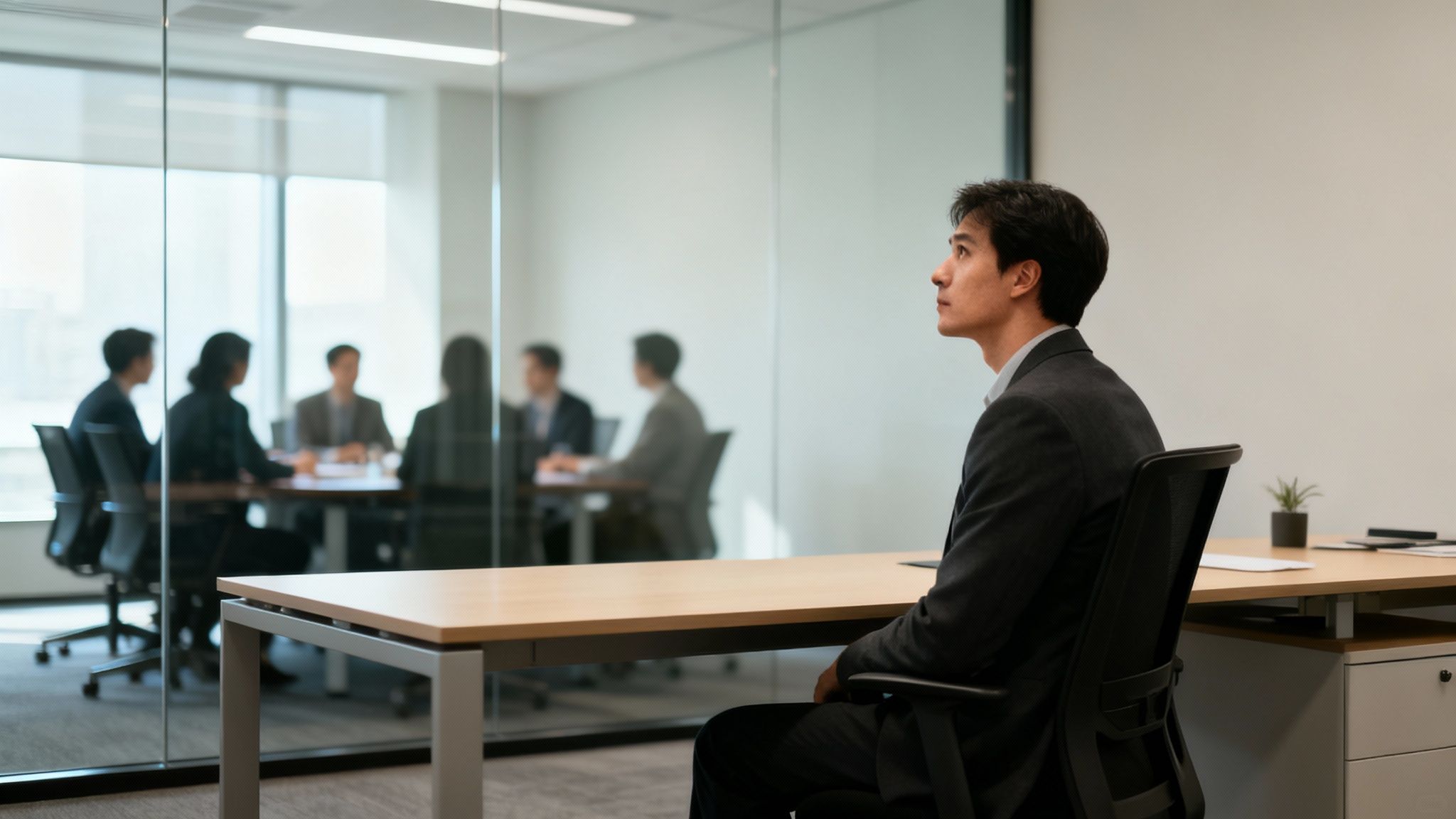 A businessman sits at a desk, looking contemplative, with a blurred office meeting behind him.