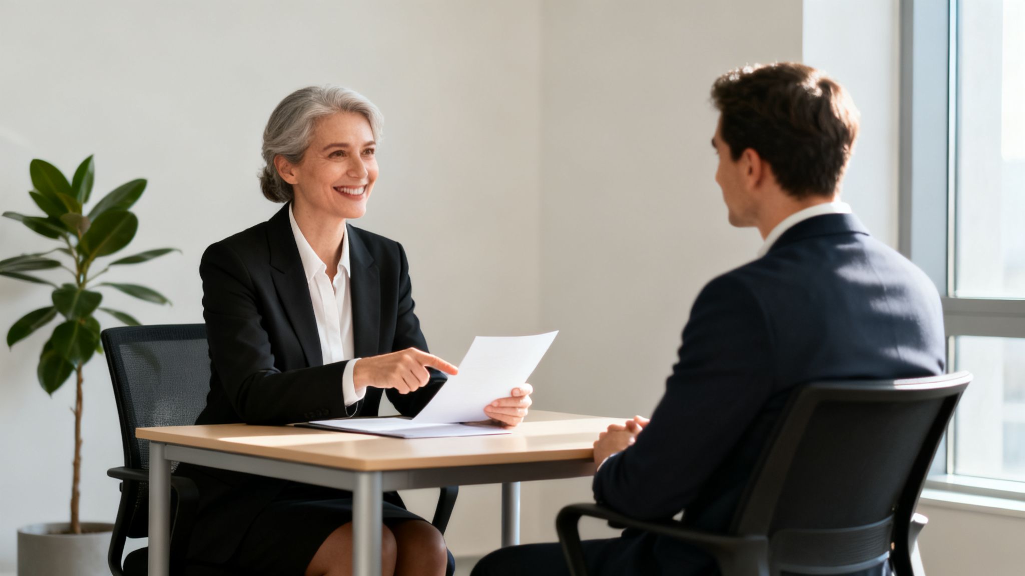 Smiling businesswoman points at a document while discussing with a male colleague in an office.