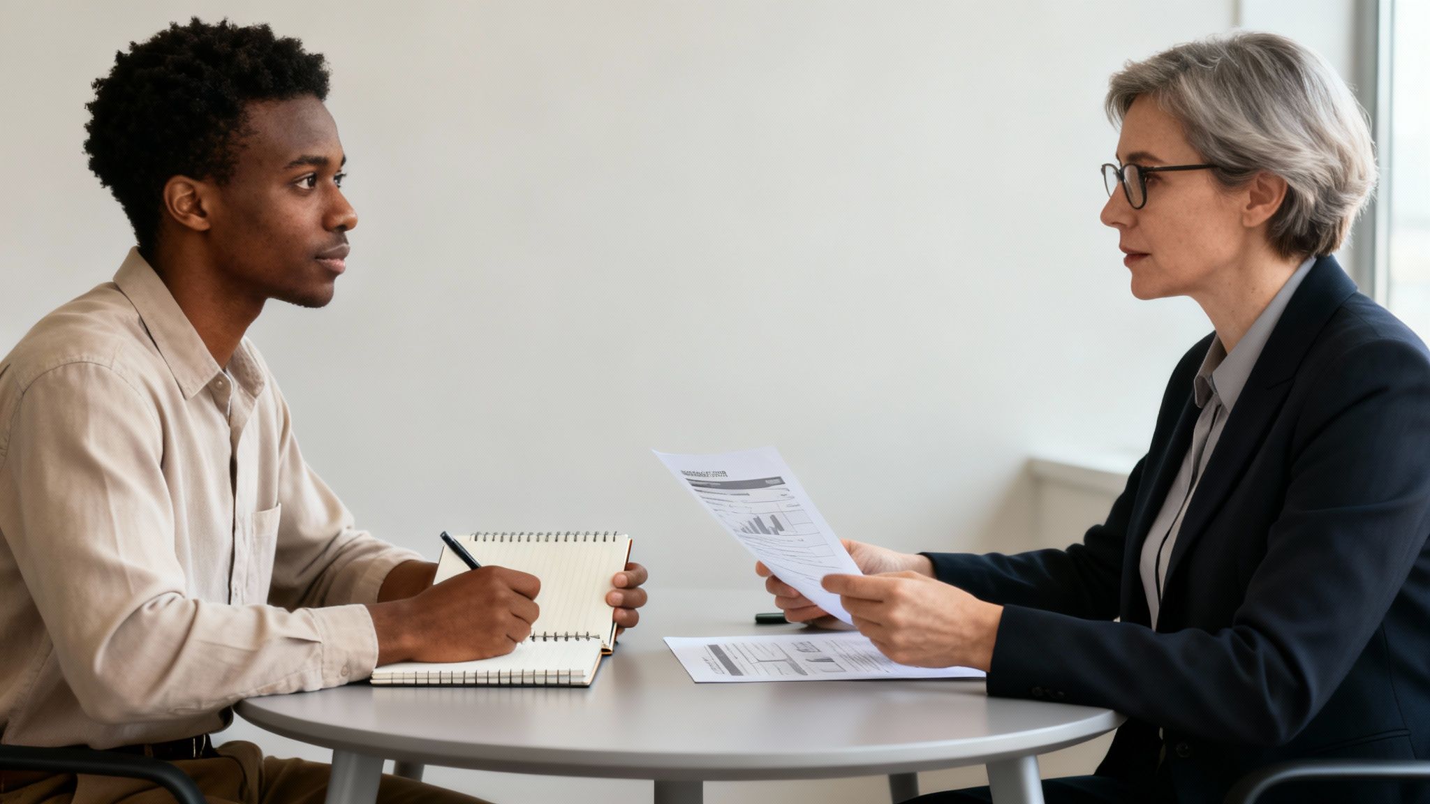 A man and a woman in a business meeting, where the man takes notes and the woman reviews documents.
