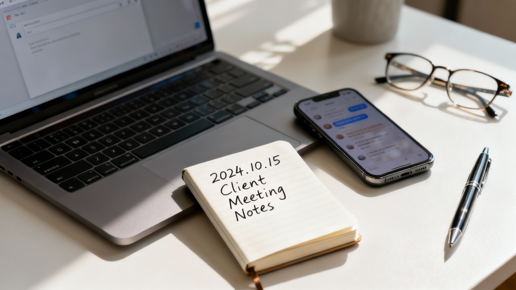 A bright desk setup featuring a laptop, smartphone, client meeting notes, eyeglasses, and a pen.