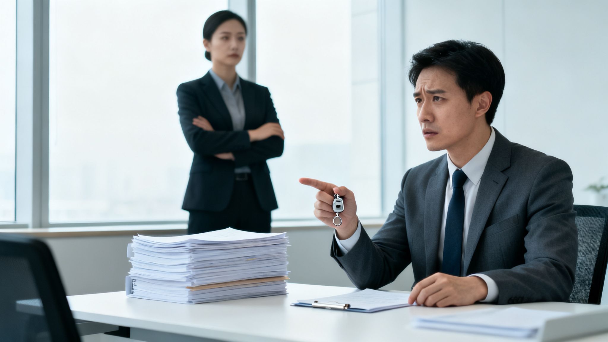 A tense office scene with a man pointing a car key and a serious woman observing.