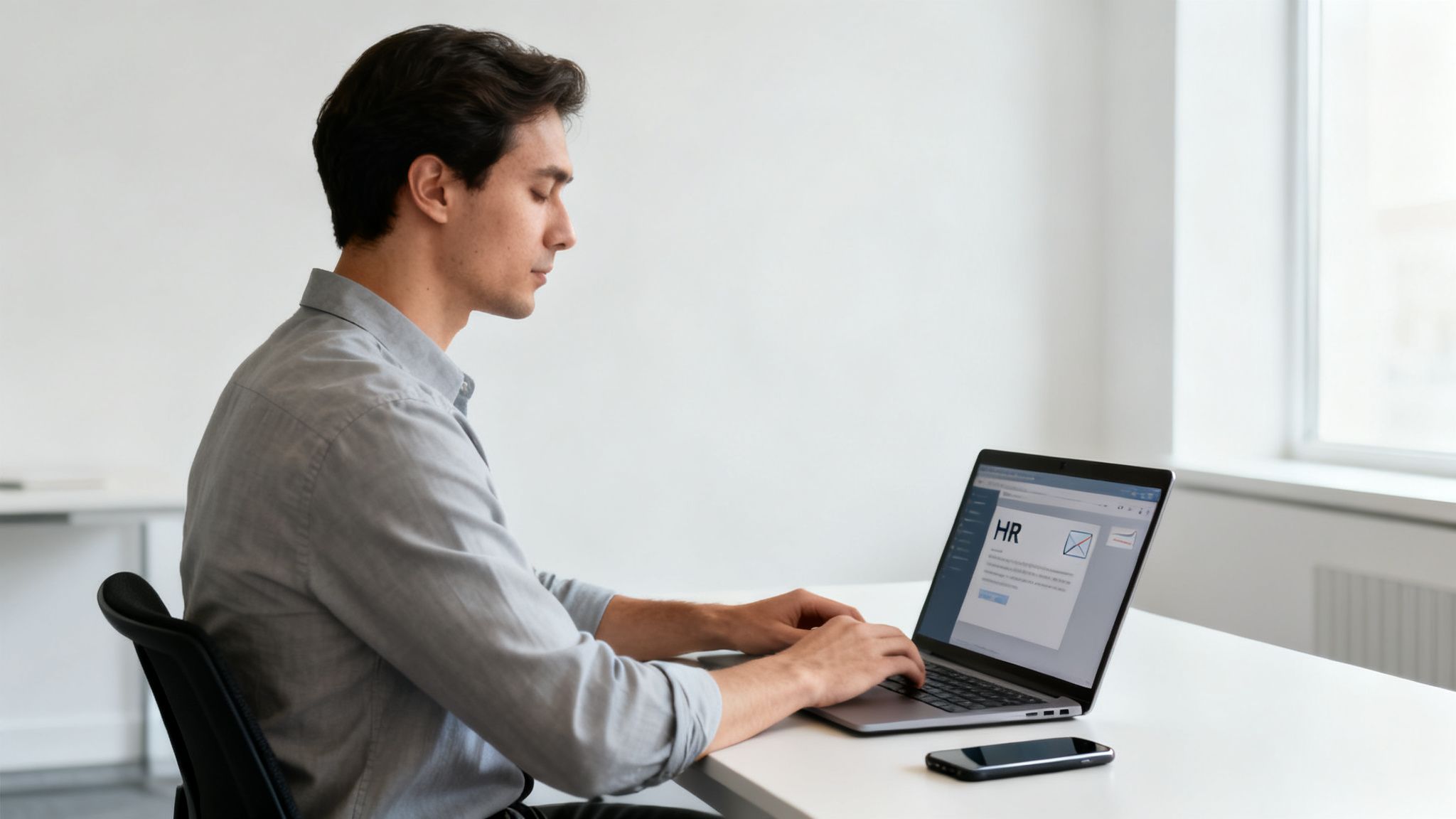 Man intently typing on a laptop with an HR application open, sitting at a desk.
