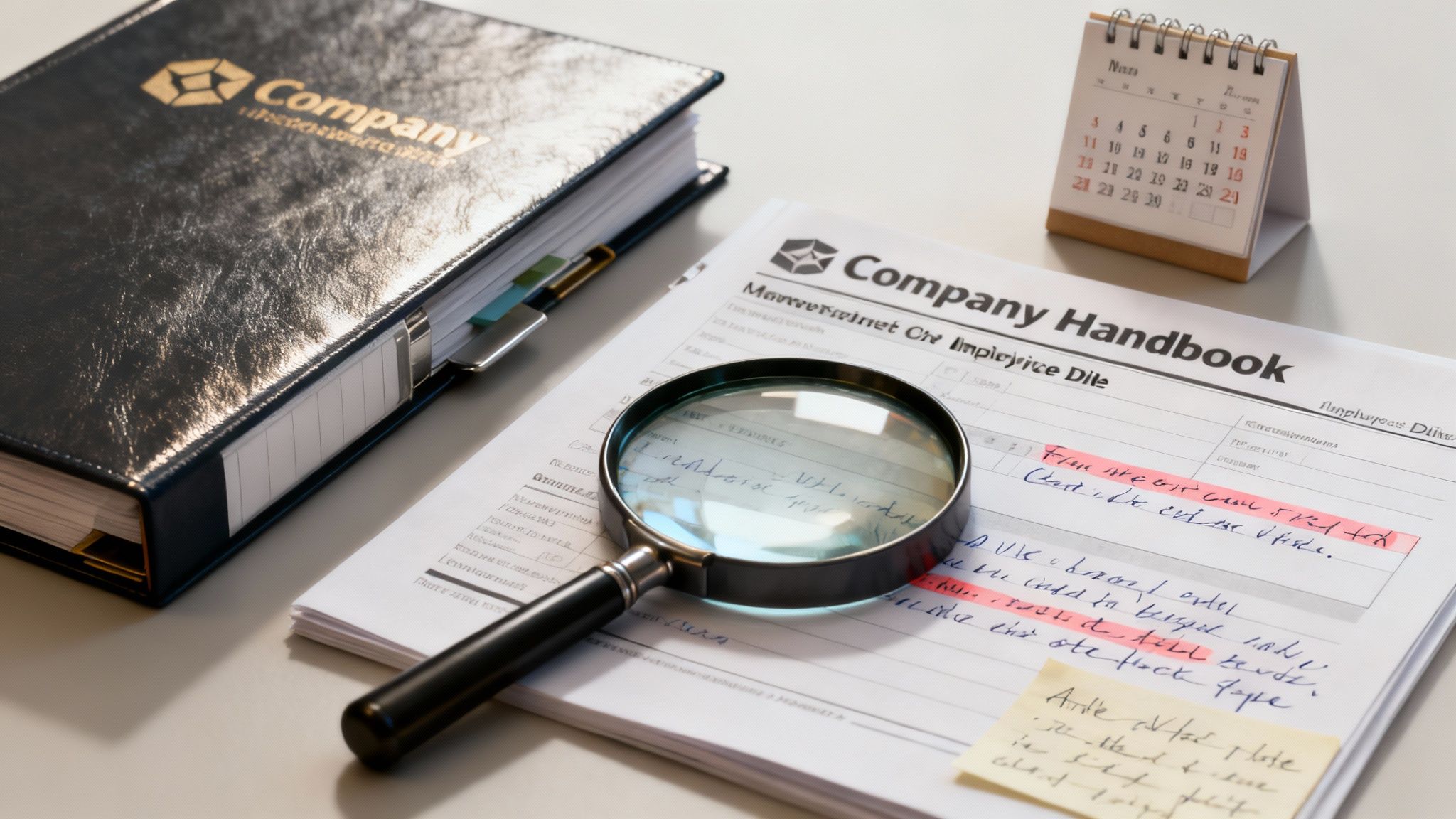 A magnifying glass rests on a company handbook, with a notebook and calendar on a desk.