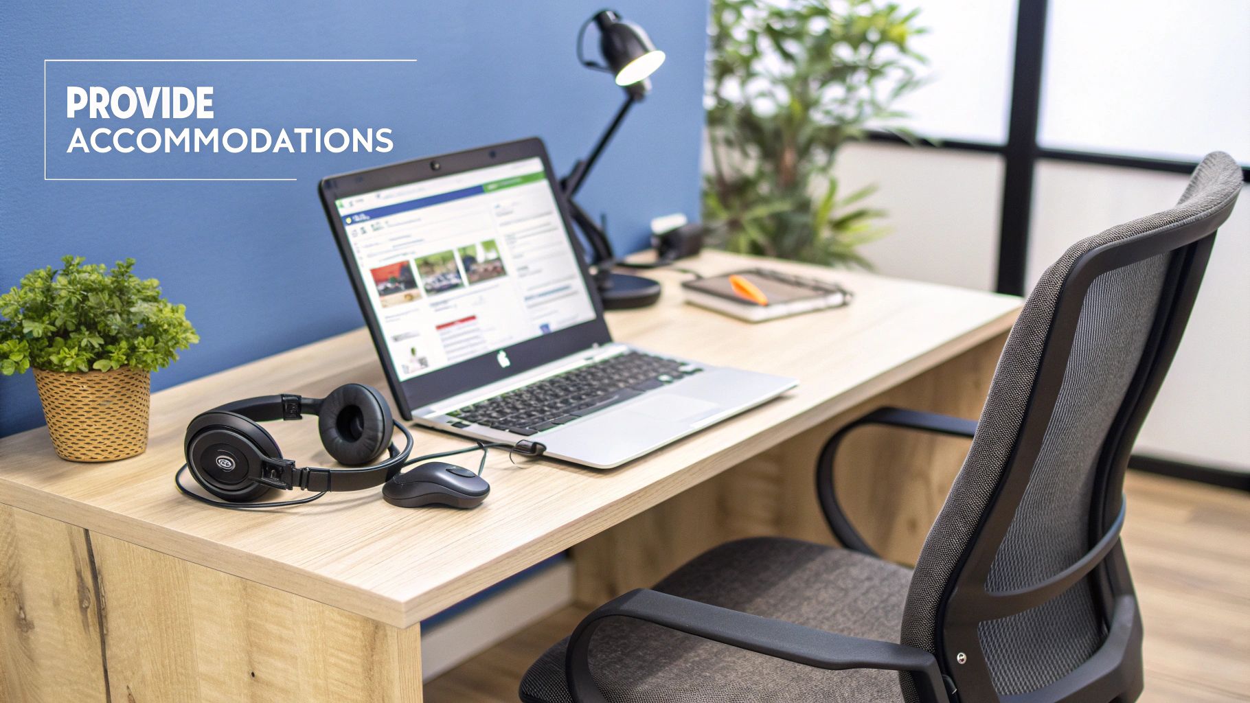 A comfortable and equipped office desk with a laptop, headphones, mouse, plant, and chair.