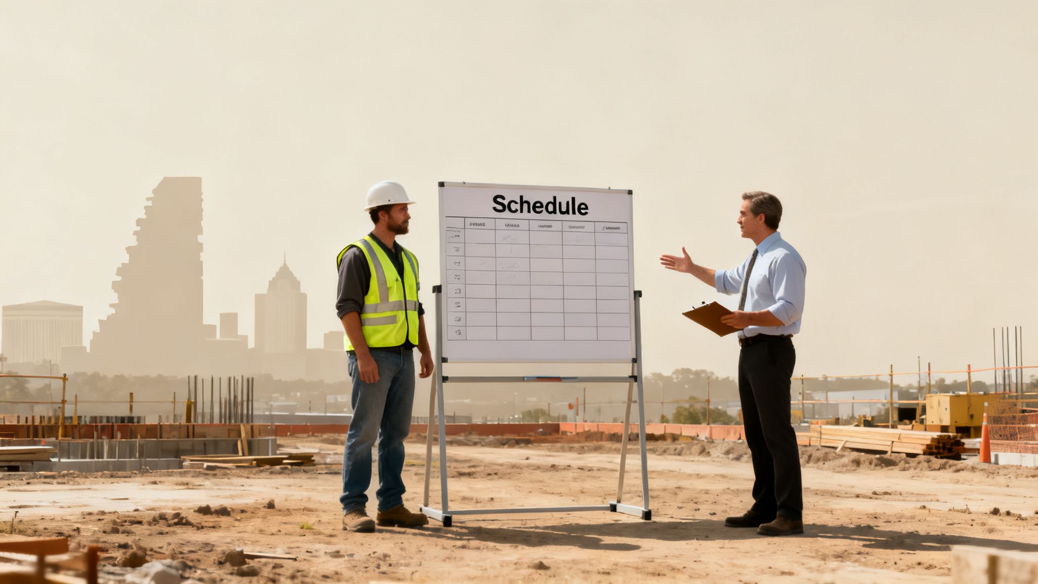 A construction worker and a manager discuss a project schedule on a whiteboard at a dusty building site.