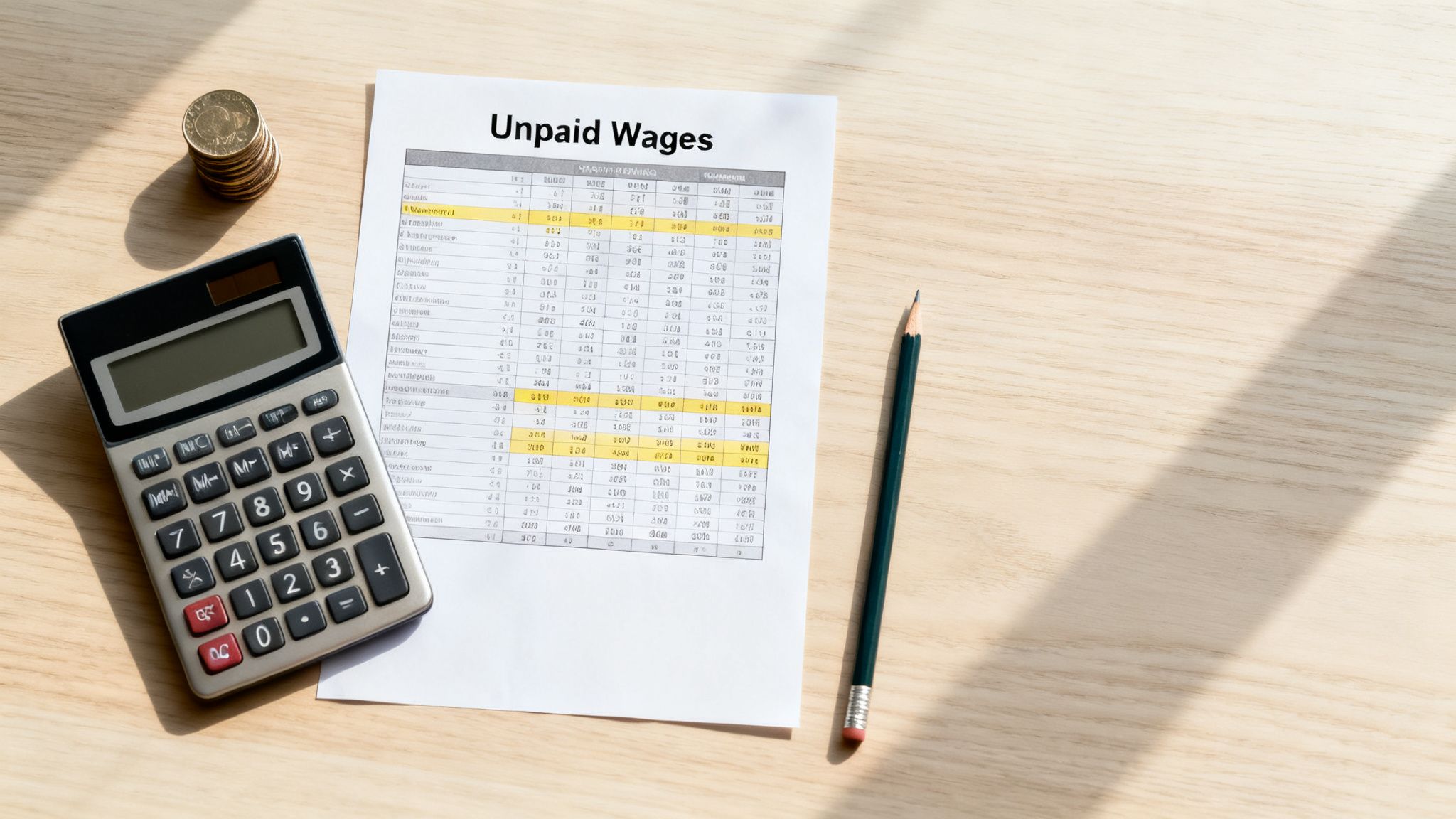 A document titled 'Unpaid Wages' with a calculator, coins, and pencil on a wooden desk.