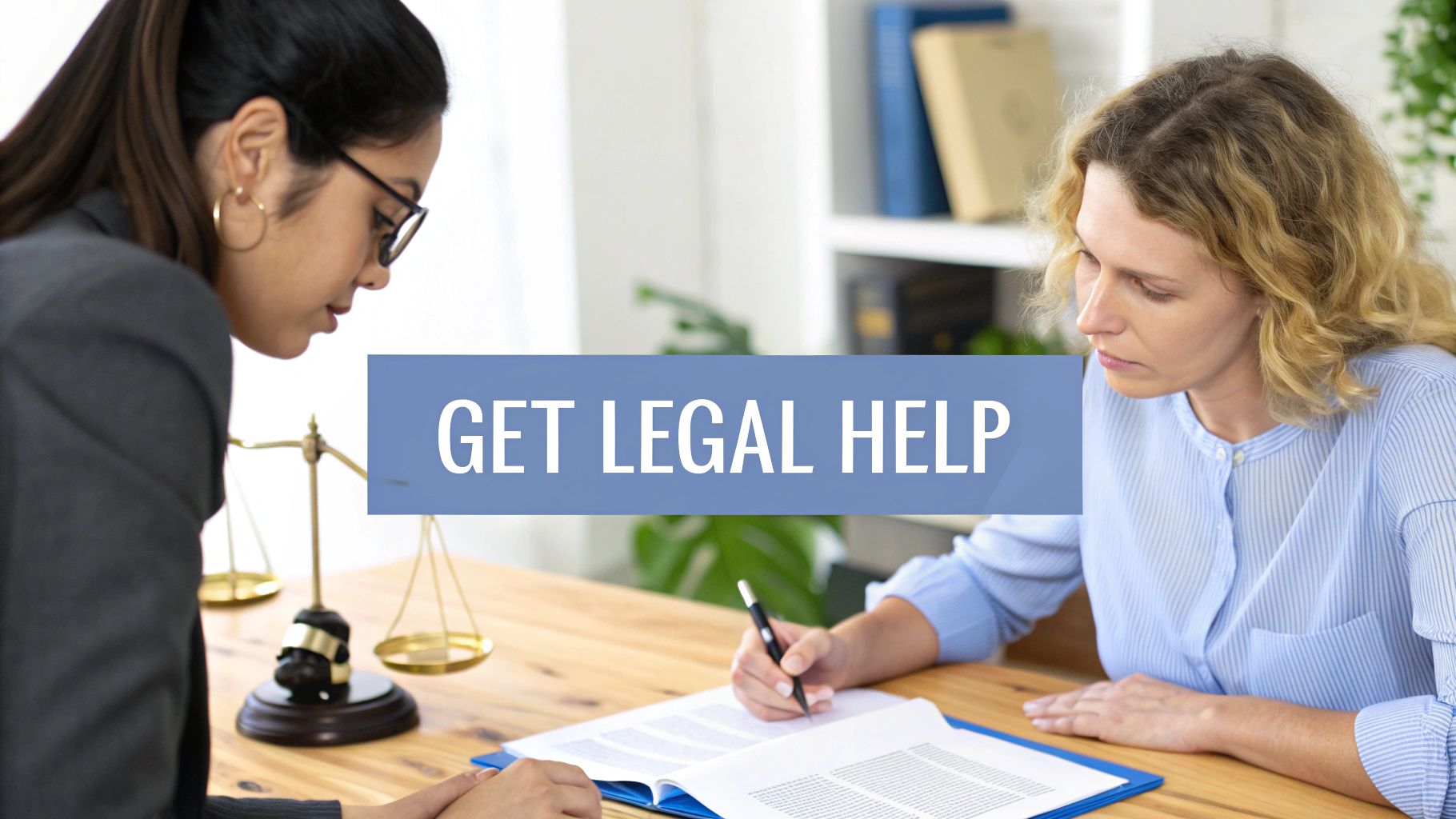 Two women, one a lawyer, discuss legal documents with scales of justice on a table.