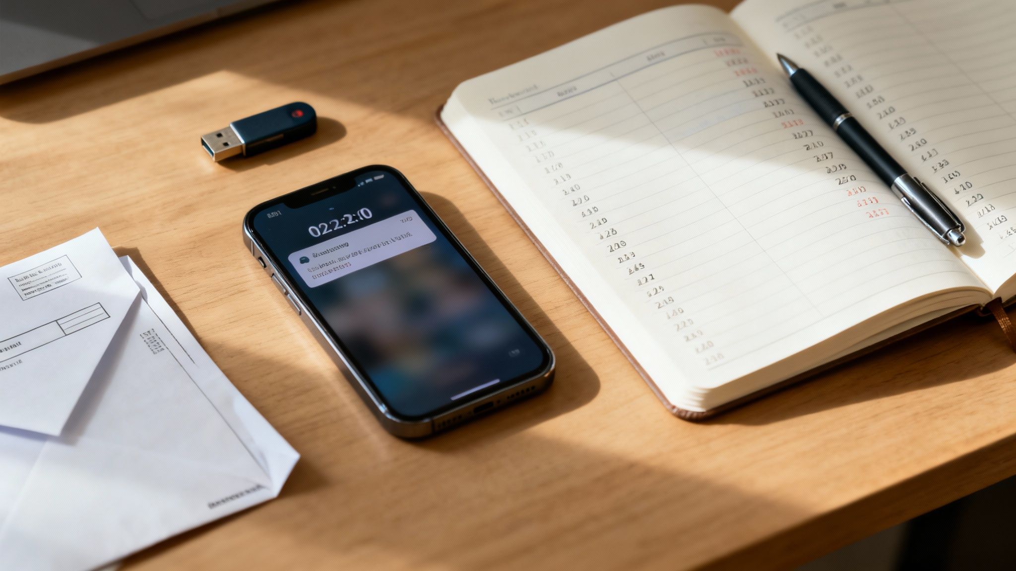 Close-up of a wooden desk with a smartphone, USB drive, open notebook, pen, and papers.