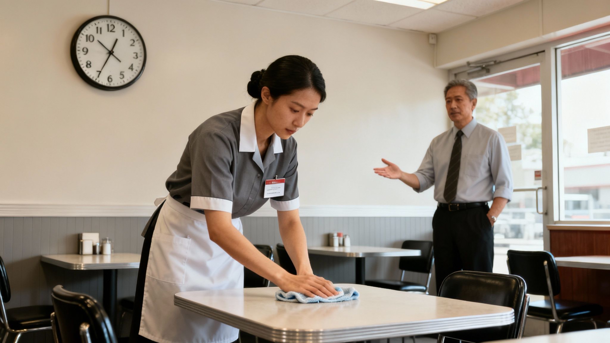 A dedicated cleaner meticulously wipes down a diner table as a supervisor watches.