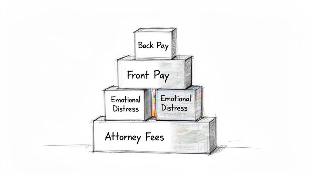 A pyramid of boxes labeled Back Pay, Front Pay, Emotional Distress, and Attorney Fees, illustrating settlement components.