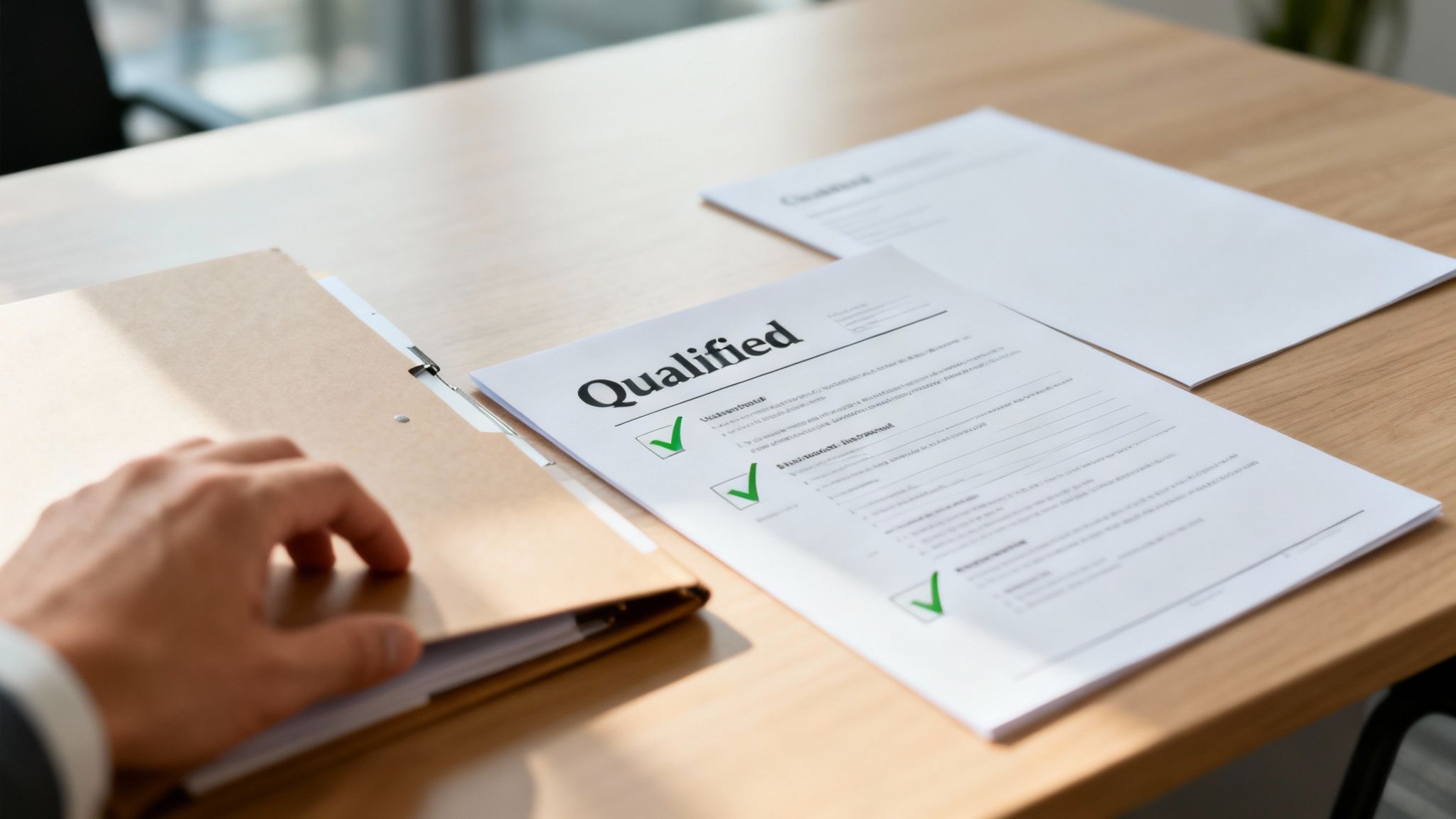 A hand rests on a brown folder next to a 'Qualified' document with green checkmarks on a wooden desk.