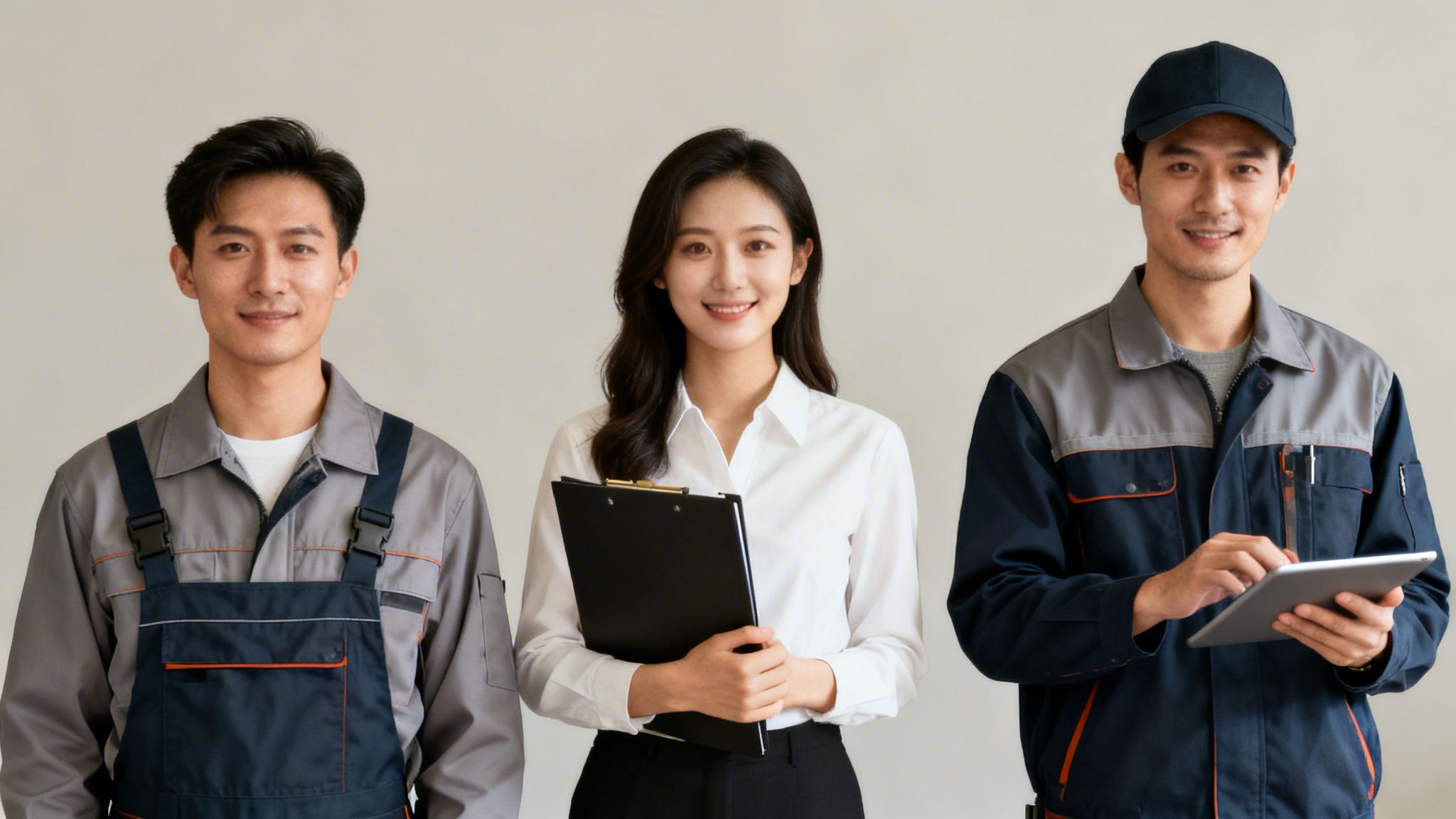 Three smiling Asian professionals: two male technicians in overalls, one female manager with a clipboard.