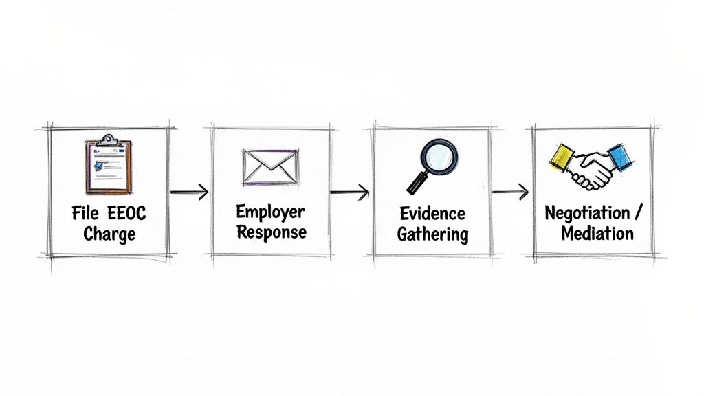 A diagram showing the four-step process of an EEOC charge: file, respond, gather evidence, and mediate.
