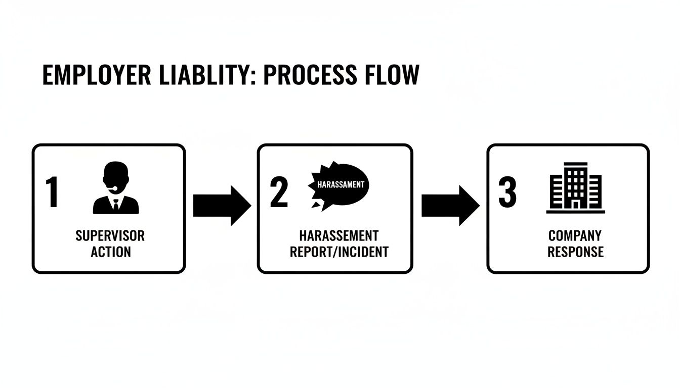 Diagram showing employer liability process: supervisor action, harassment report, and company response.