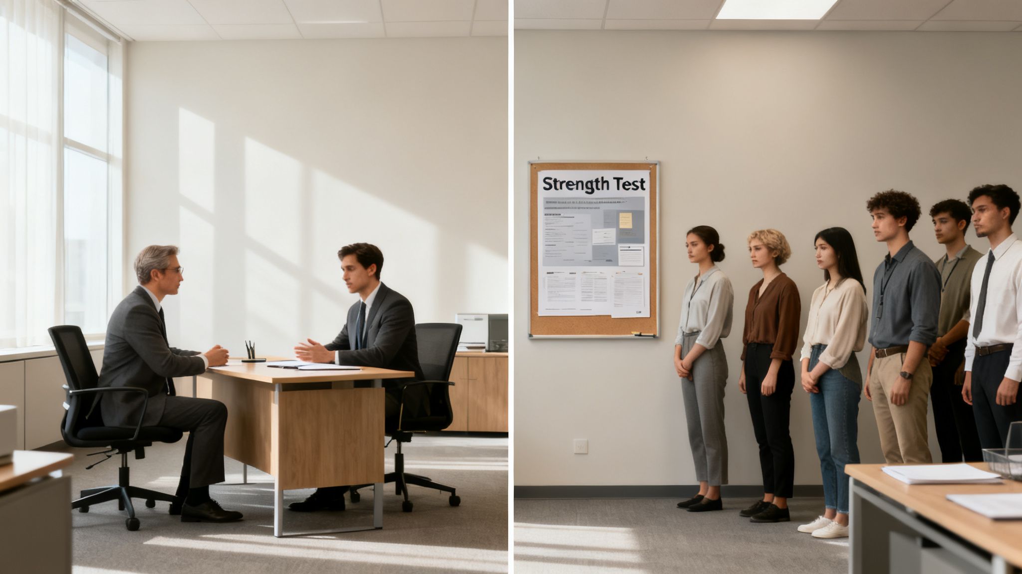 Two men in business suits conduct an interview, while a diverse group of young adults lines up for a strength test.