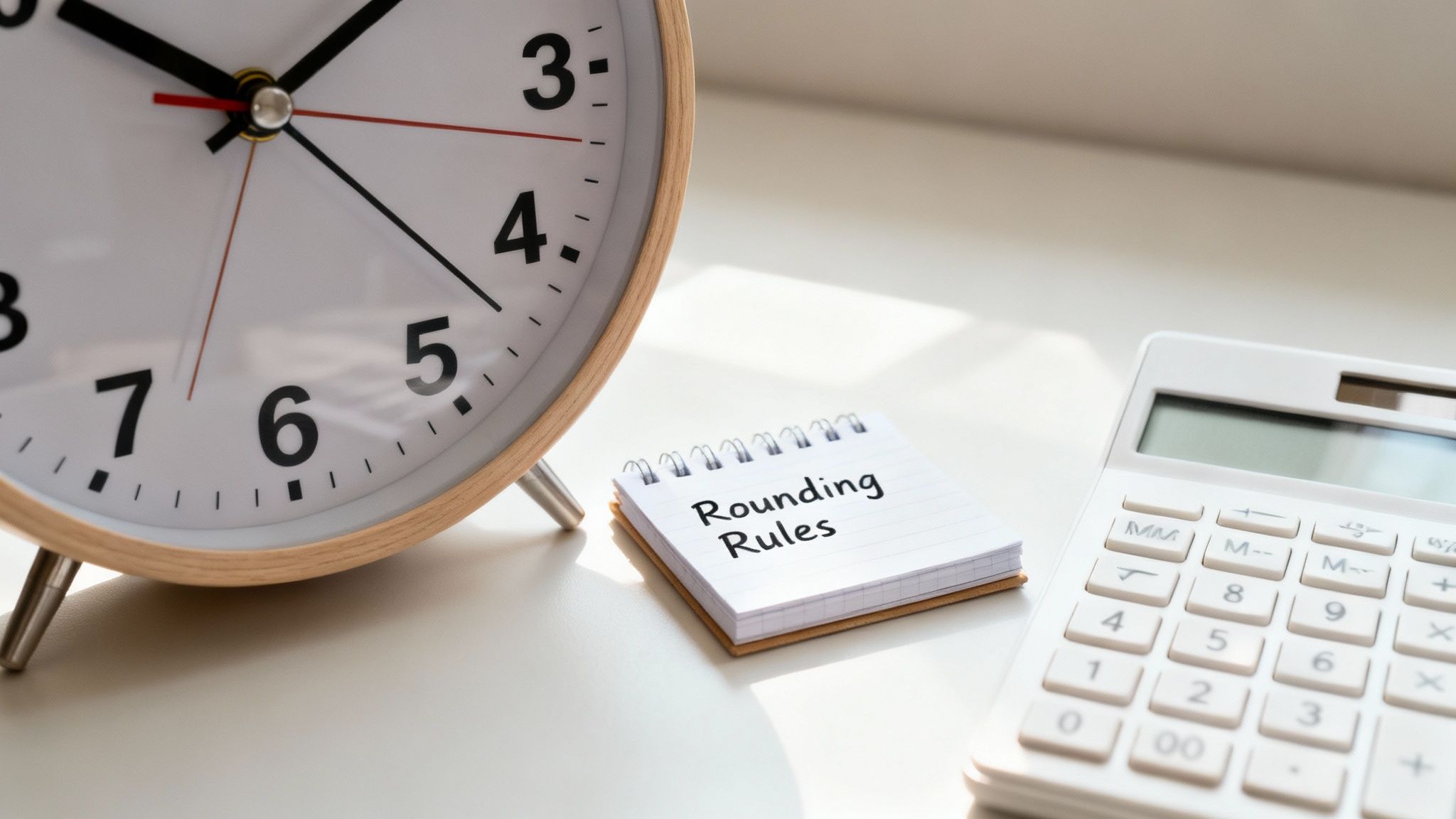 A desk setup with an alarm clock, 'Rounding Rules' notebook, and a white calculator.