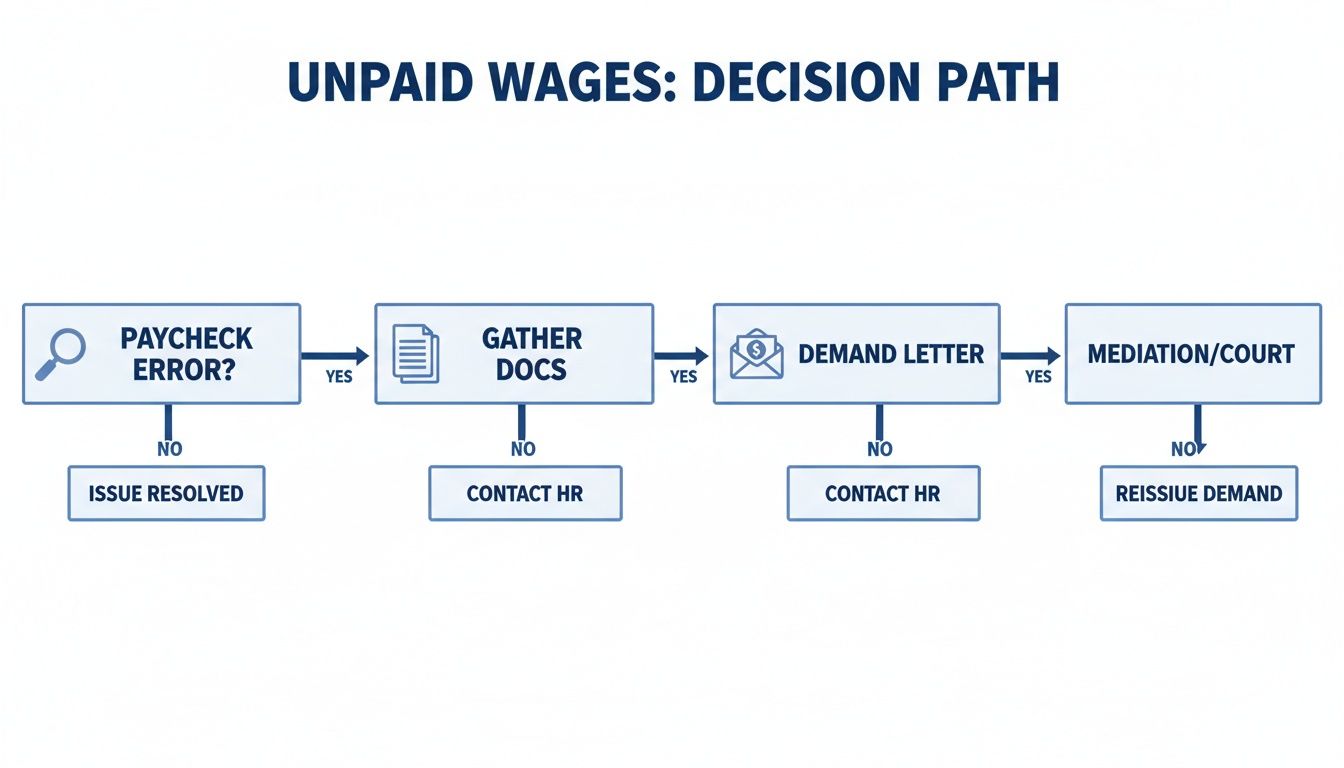 A flowchart illustrating the decision path for resolving unpaid wages, from error detection to court.