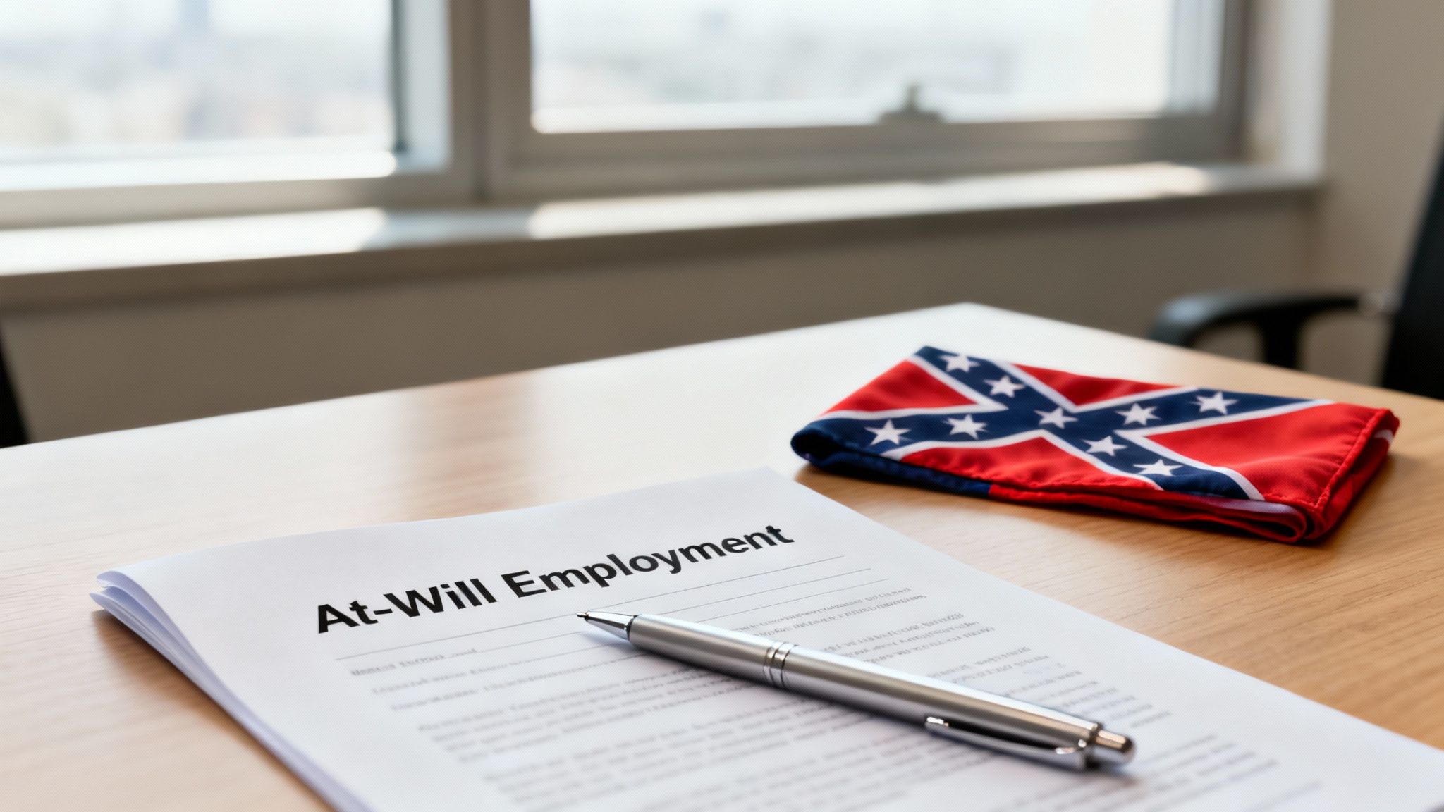 An 'At-Will Employment' document with a pen and a folded Confederate flag on a desk.