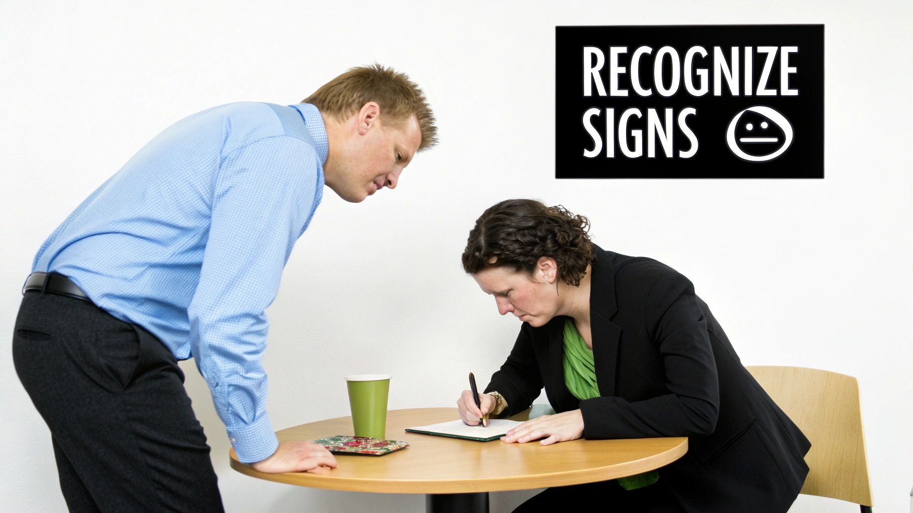 A man leans over a table, observing a woman writing on a document in a professional setting.