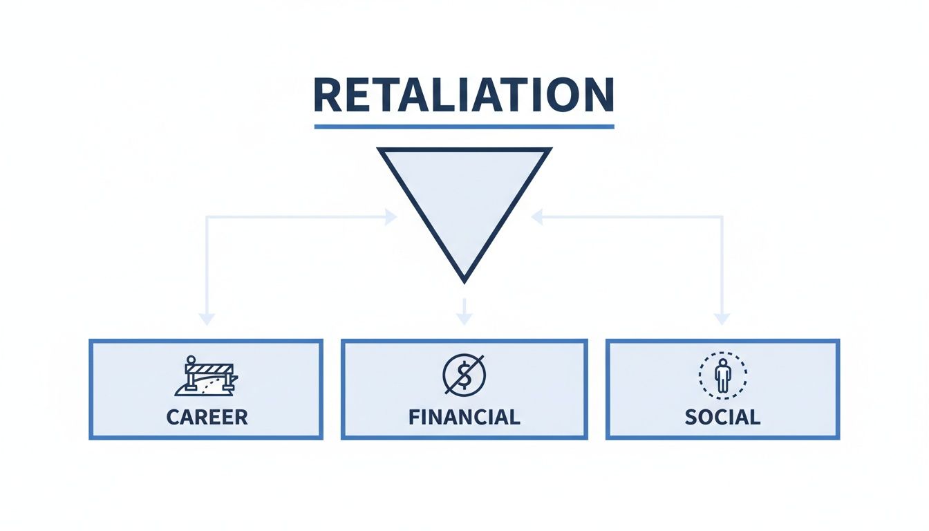 A diagram illustrating retaliation's impact on career, financial, and social aspects with corresponding icons.