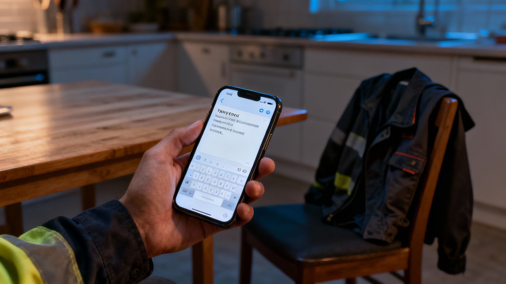 A person in work clothes holds a smartphone with a messaging app open in a home kitchen setting.