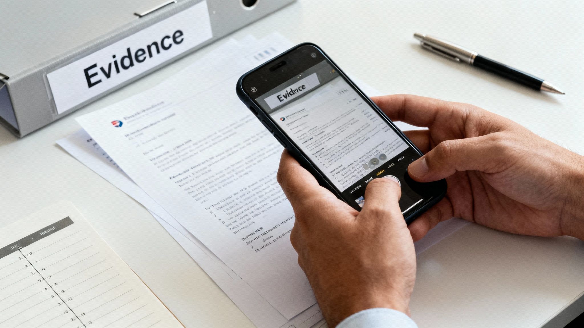 A person's hands holding a smartphone, capturing an image of documents and a binder labeled 'Evidence' on a white desk.