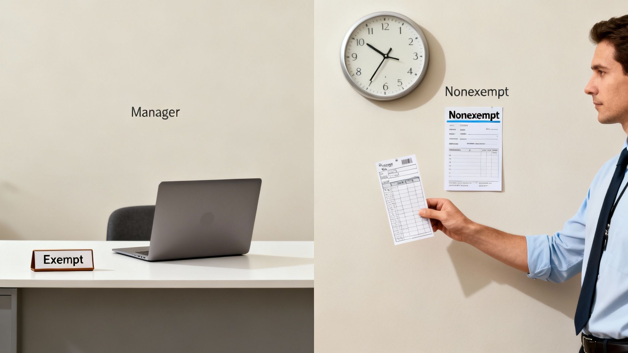 Side-by-side comparison illustrating an exempt manager with a laptop and a nonexempt employee with a timesheet.