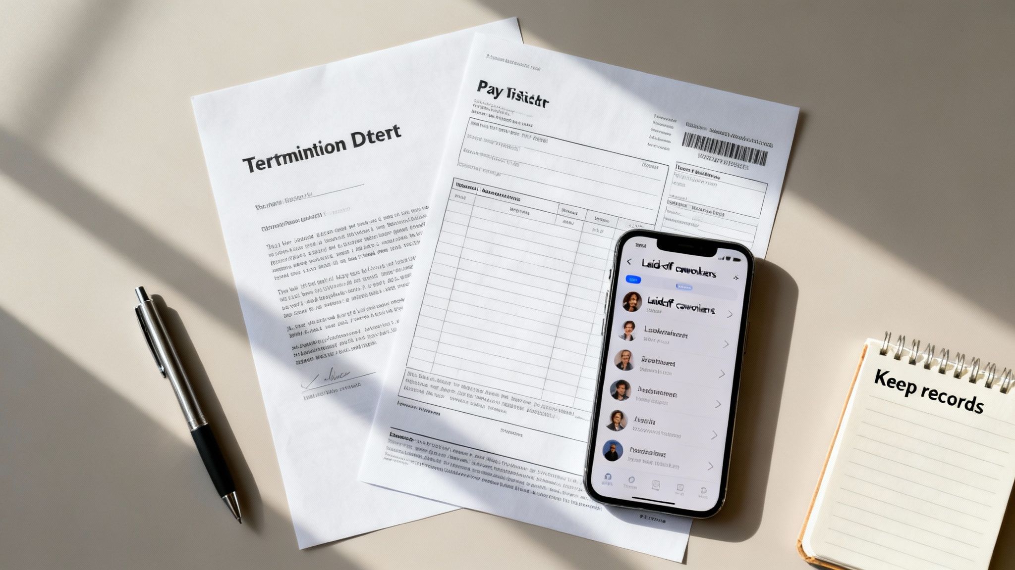 Termination papers, pay slip, smartphone displaying 'laid off coworkers', and a 'Keep records' notepad on a desk.