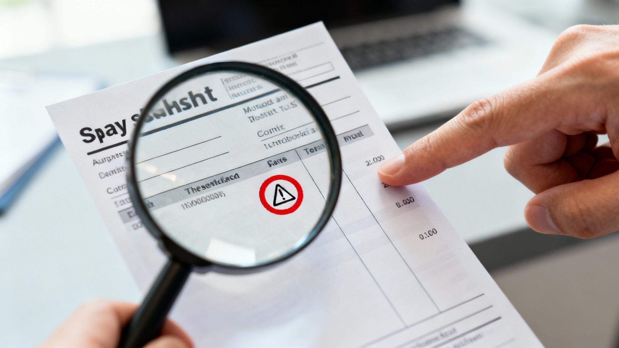 Hand with magnifying glass over a pay document, showing a warning sign and another hand pointing.