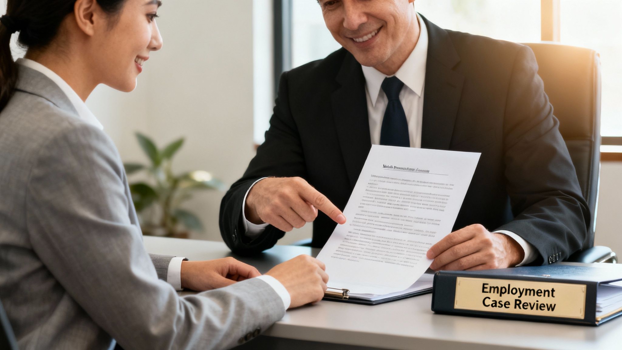 Two professionals, a man and a woman, smiling and reviewing employment documents at a desk.