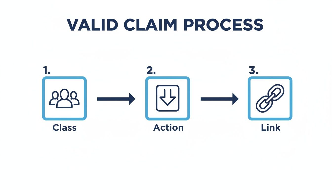 A flowchart illustrating the three steps of a valid claim process: Class, Action, and Link.