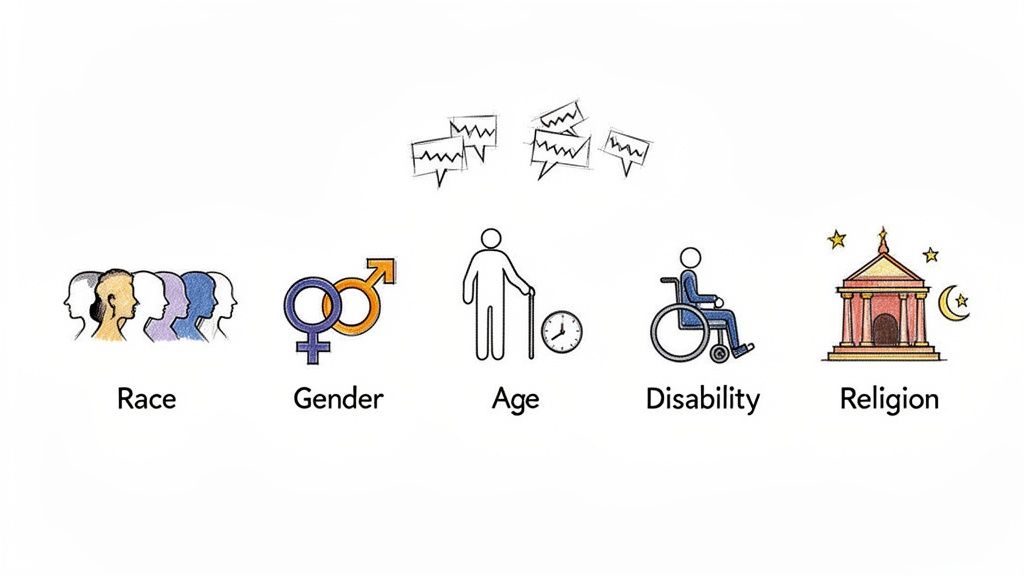 Illustrative icons representing race, gender, age, disability, and religion, with speech bubbles, depicting protected characteristics.
