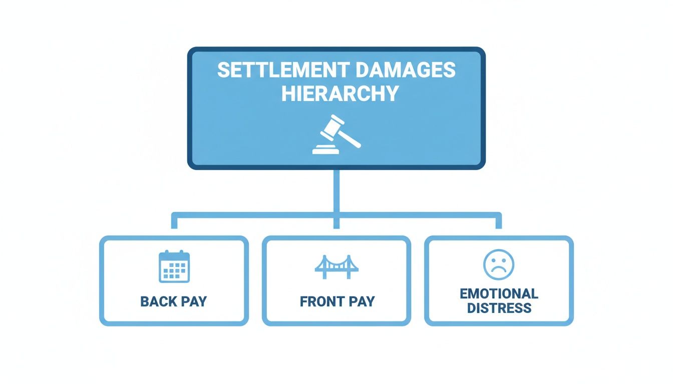 A hierarchical diagram outlining settlement damages: Back Pay, Front Pay, and Emotional Distress.