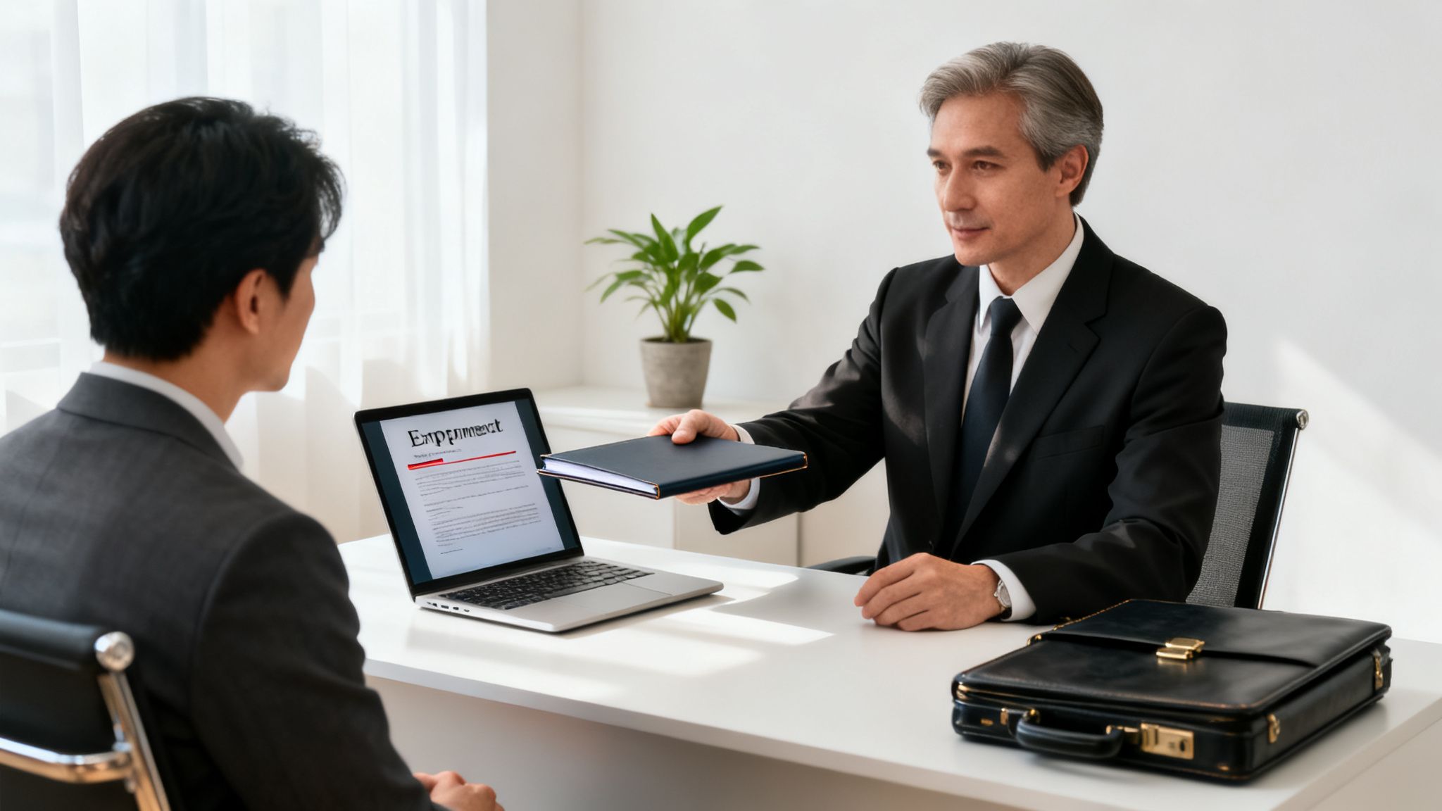 Two businessmen at a desk, one offering a folder to the other, with a laptop showing 'Employment'.