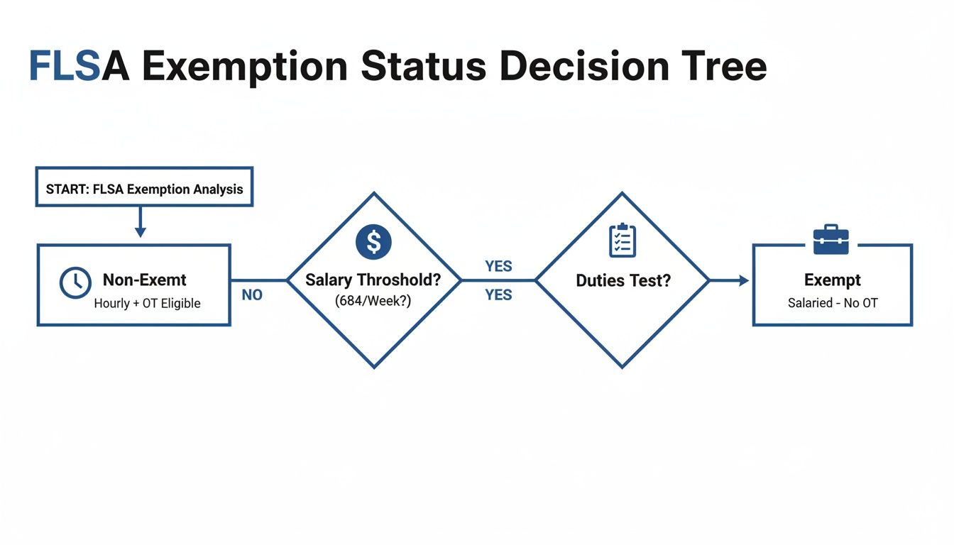 Flowchart showing the FLSA exemption status decision tree, analyzing salary threshold and duties.