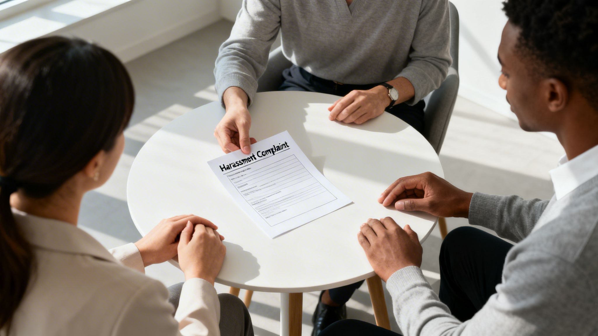 Three individuals at a table, reviewing a document titled 'Harassment Complaint' in a formal setting.
