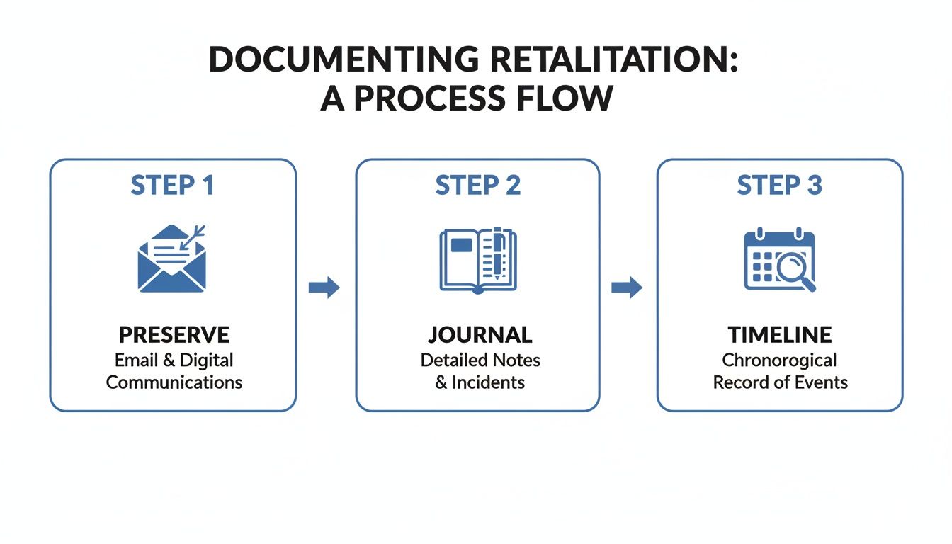 A process flow diagram with three steps for documenting retaliation: preserve communications, journal incidents, and create a timeline.