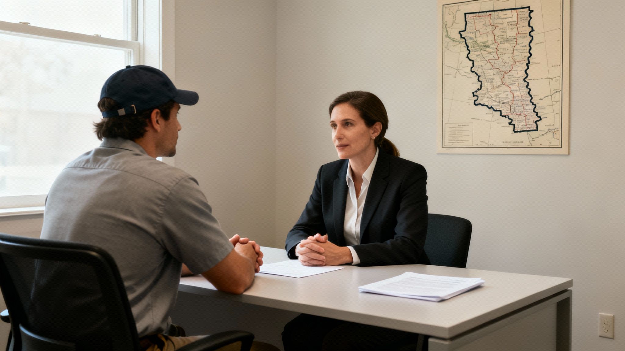 A businesswoman in a suit consults with a casually dressed man at an office desk.