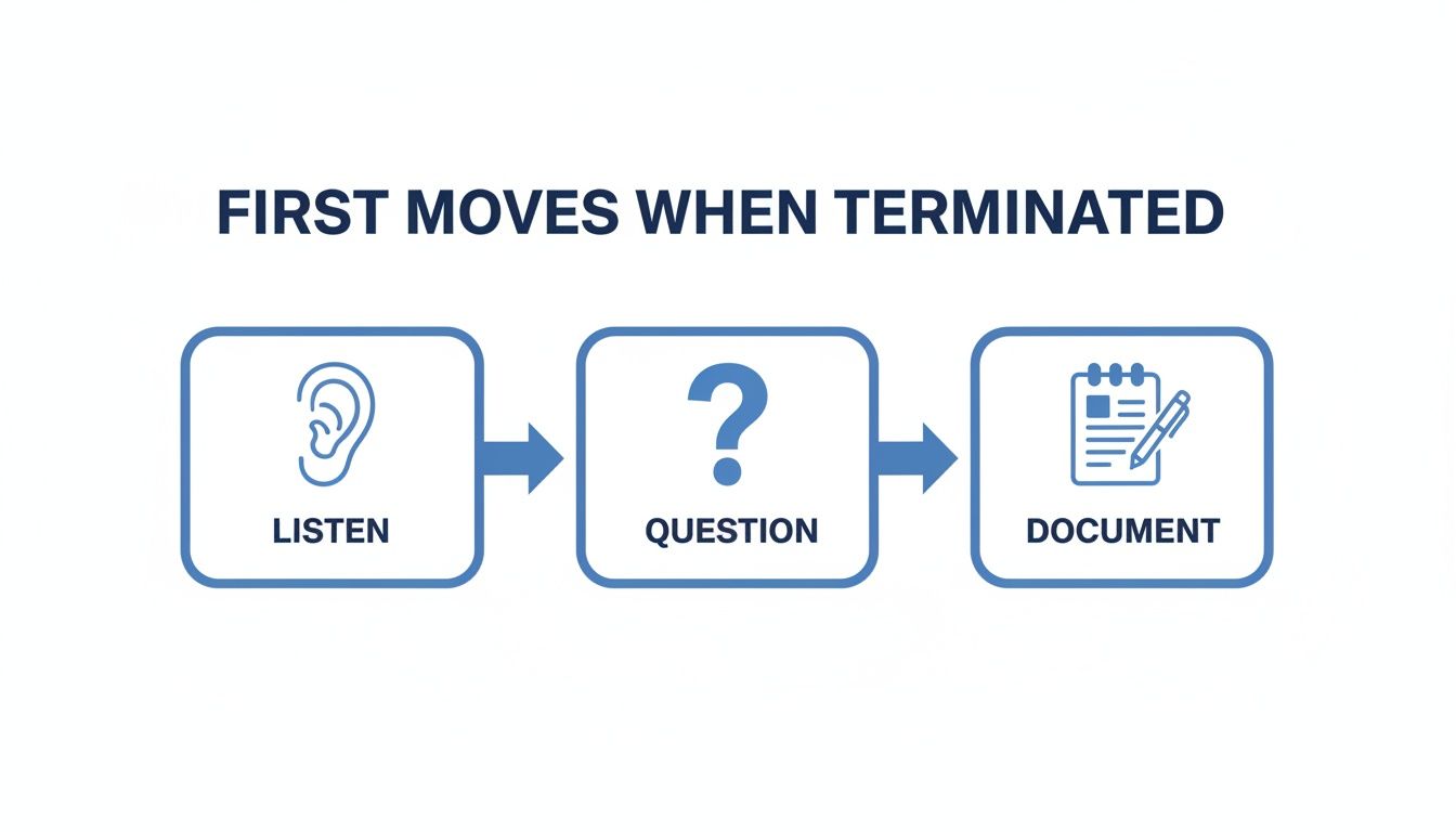 Flowchart outlining the first three steps to take when terminated: listen, question, and document.