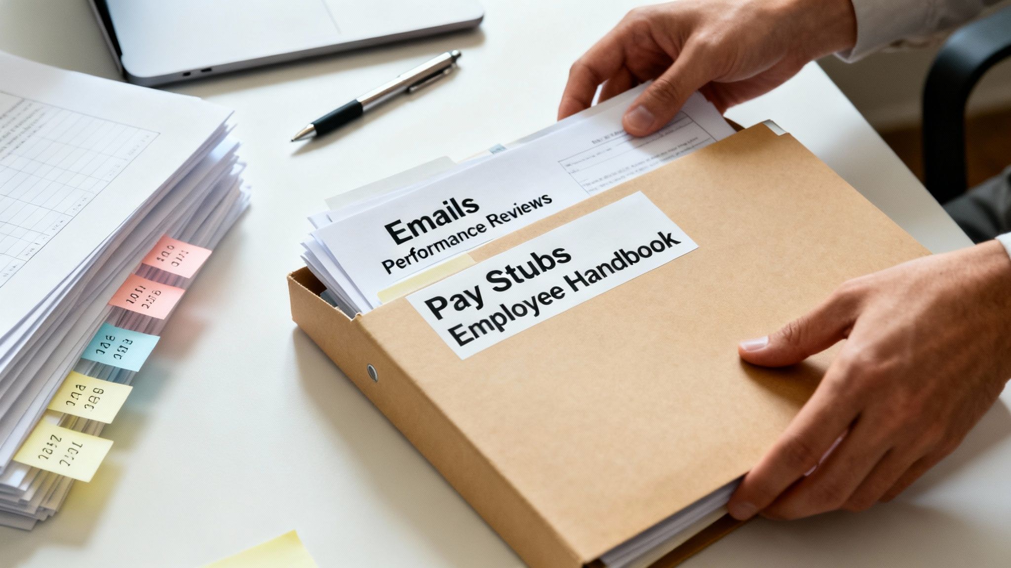 A person organizing employment documents like pay stubs and performance reviews in a file box.