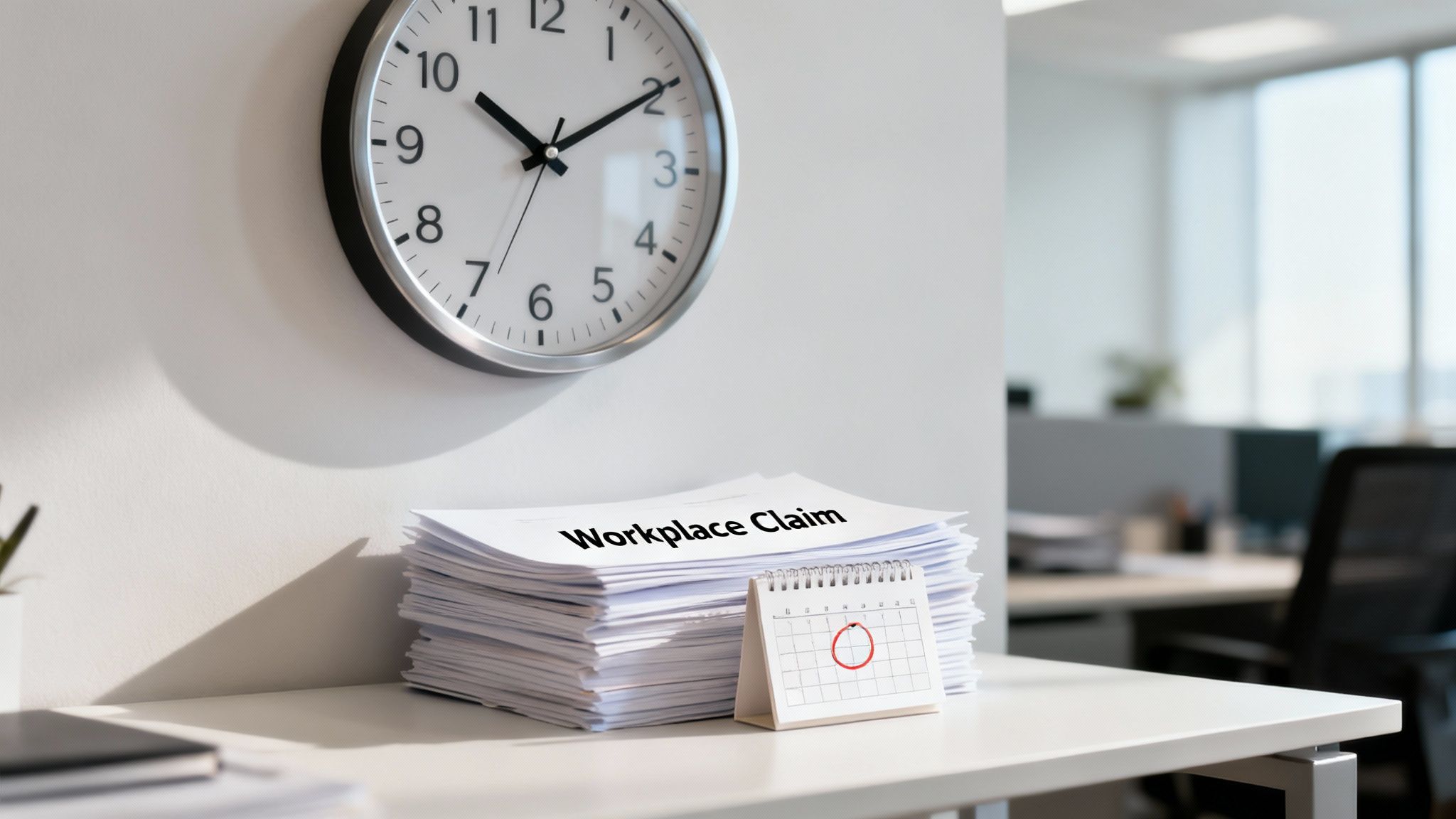 A stack of 'Workplace Claim' papers and a calendar with a circled date on a desk in an office.
