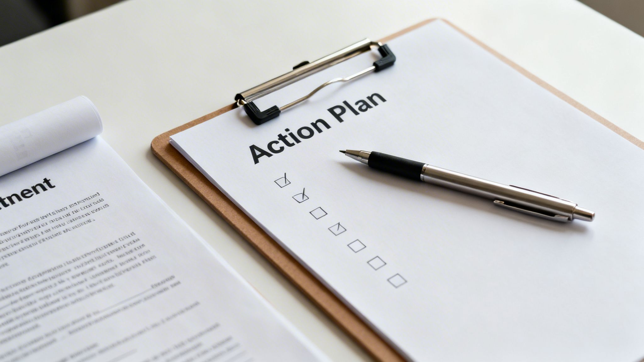 A pen rests on an 'Action Plan' document on a clipboard, with two checkboxes marked.