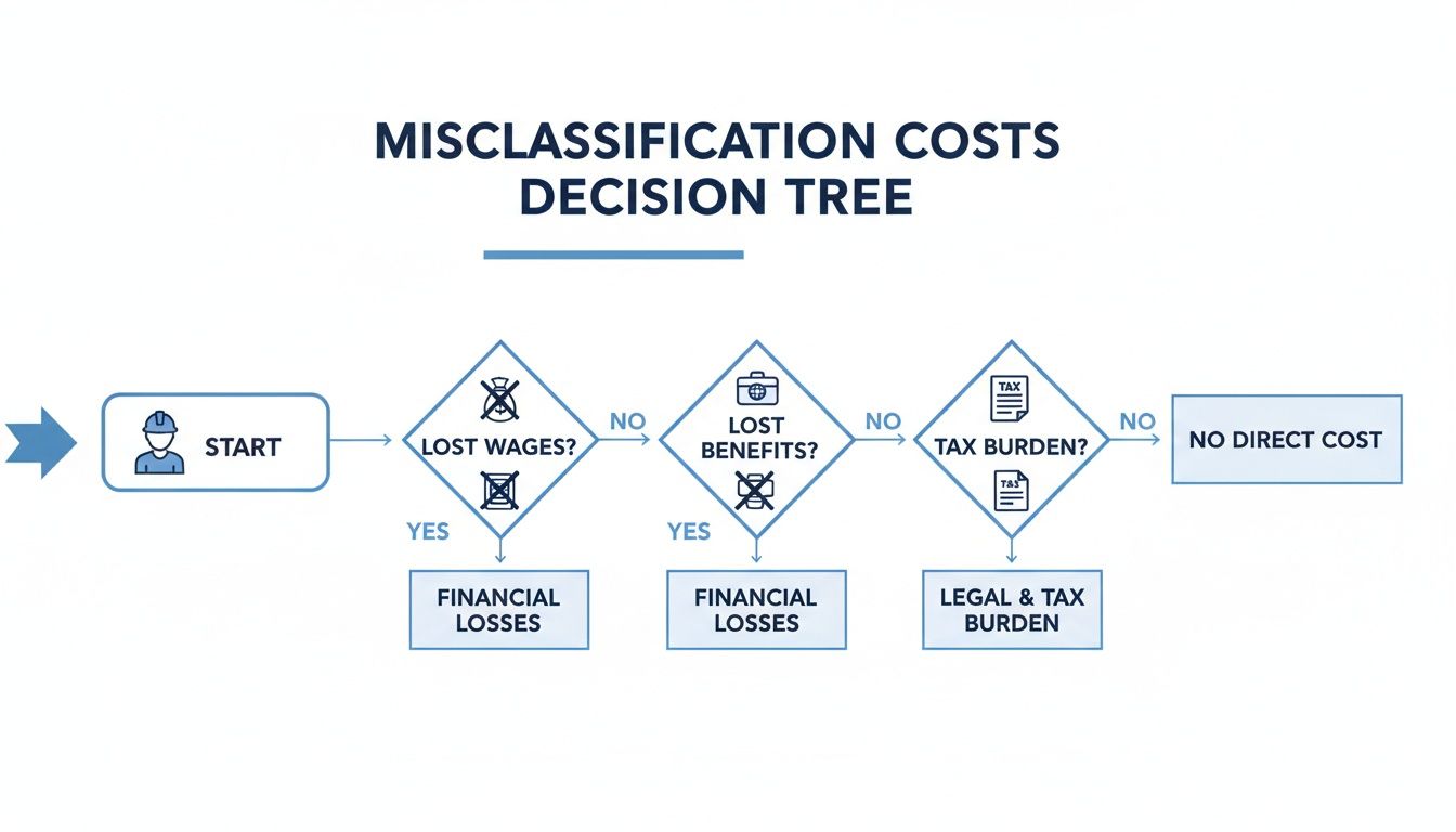 Decision tree flowchart illustrating misclassification costs related to lost wages, benefits, and tax burden.