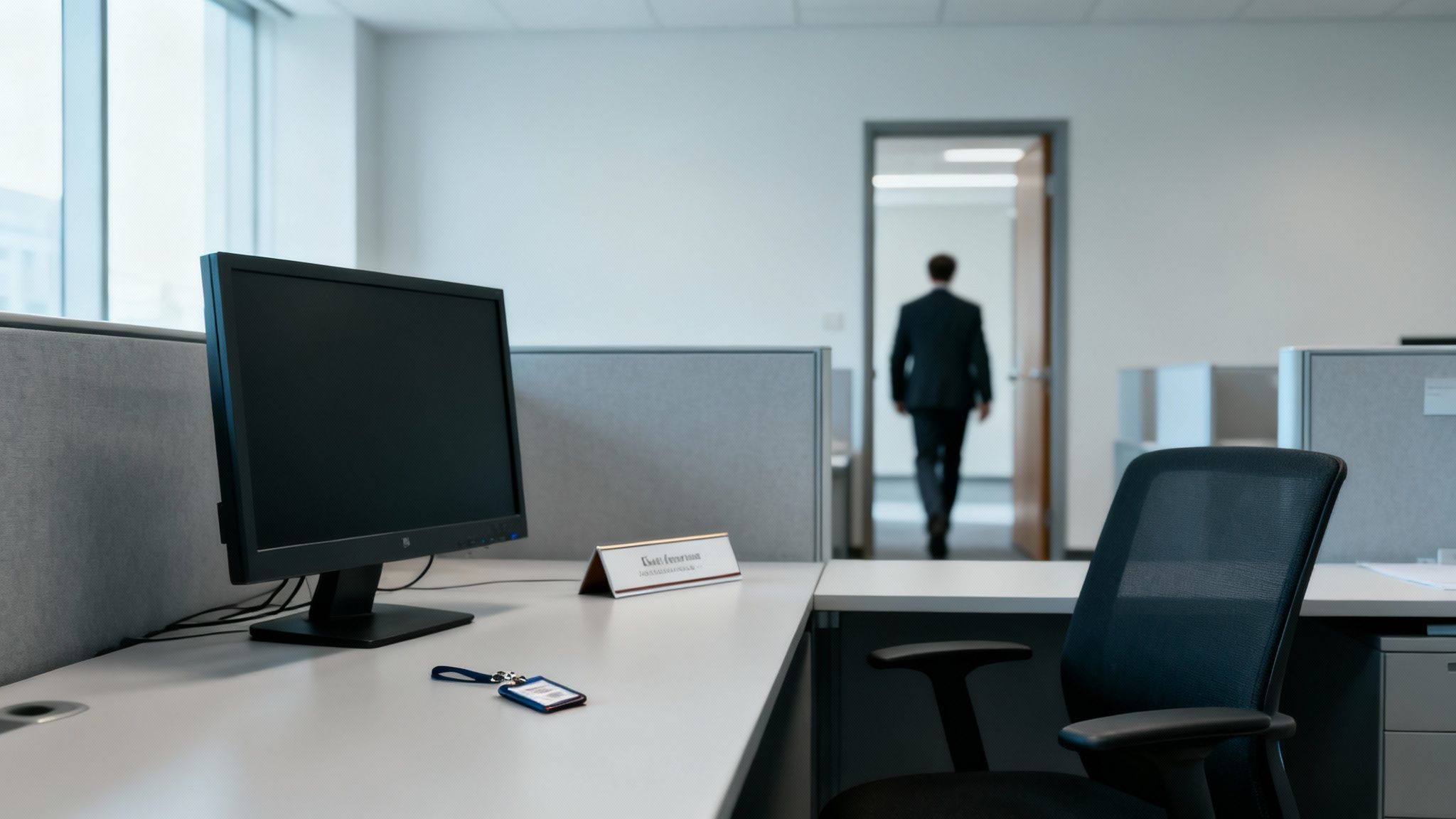An empty office cubicle with a monitor, nameplate, and ID badge, as a person walks away.