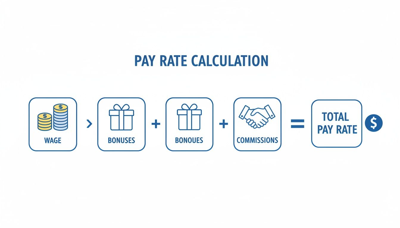 Diagram illustrating total pay rate calculation, combining wage, bonuses, and commissions.