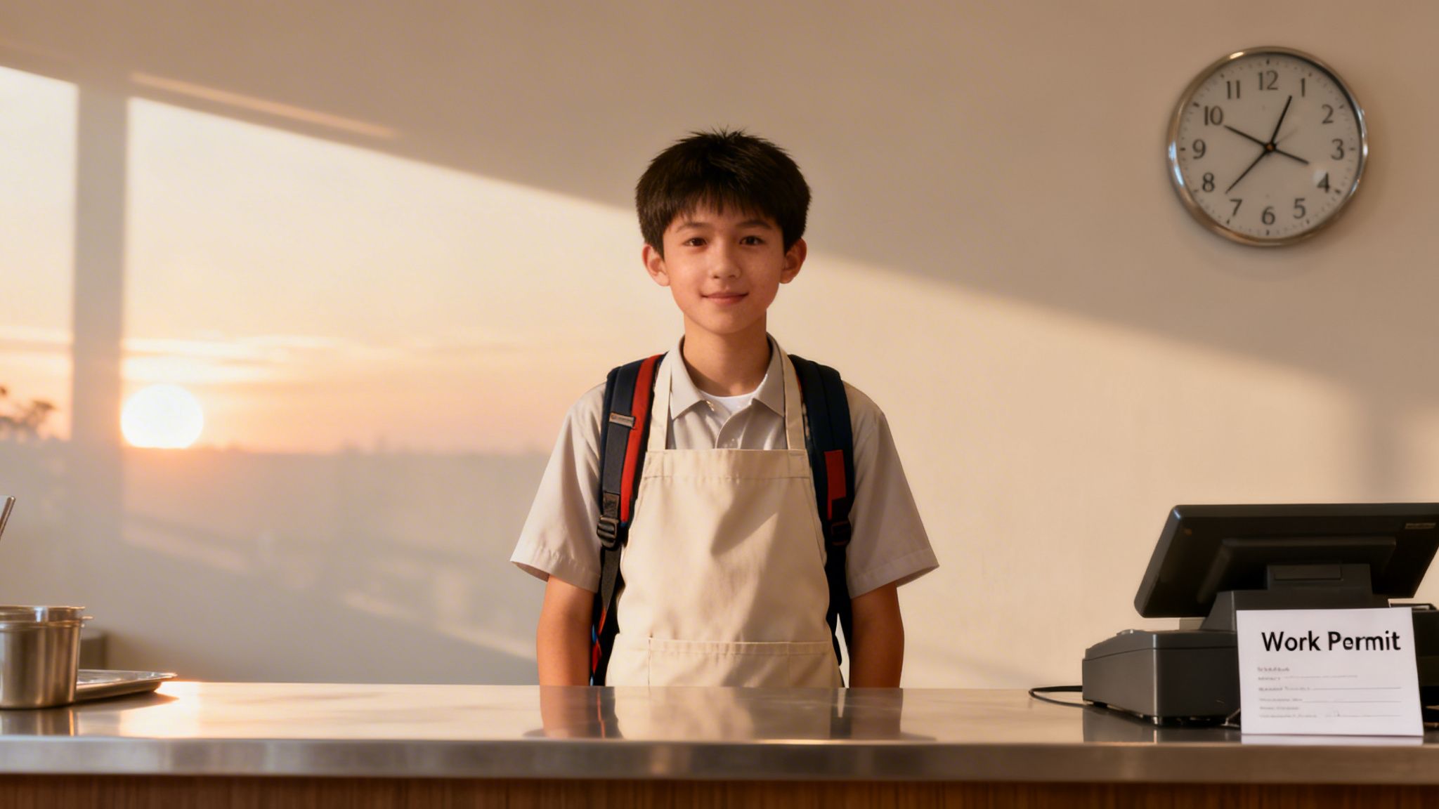 A young boy in an apron and backpack stands behind a counter with a work permit sign.
