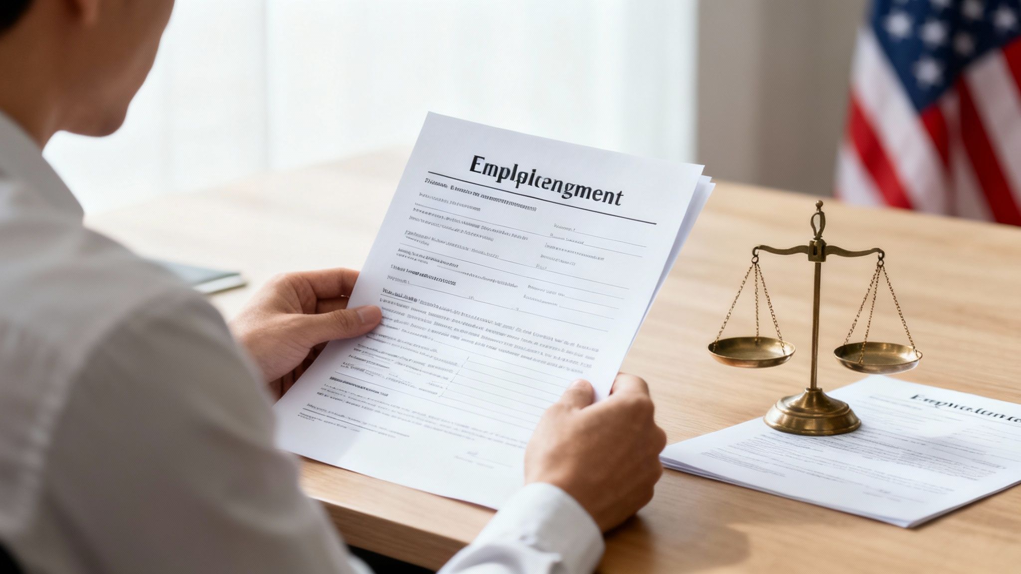 A person holds an employment document, with scales of justice and an American flag on the table.