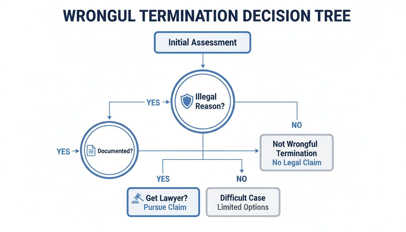 Wrongful termination decision tree flowchart assessing illegal reasons and documentation for pursuing a legal claim.