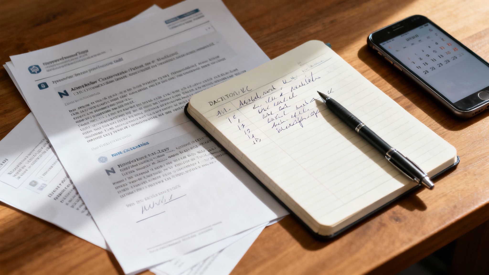 A workspace flat lay with documents, a notebook, a pen, and a smartphone showing a calendar.